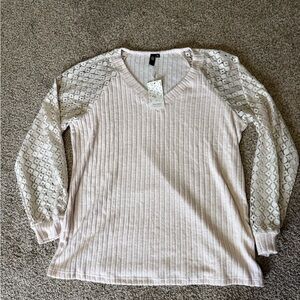 Elegant Lace Sleeve Long Sleeve Top - Cream